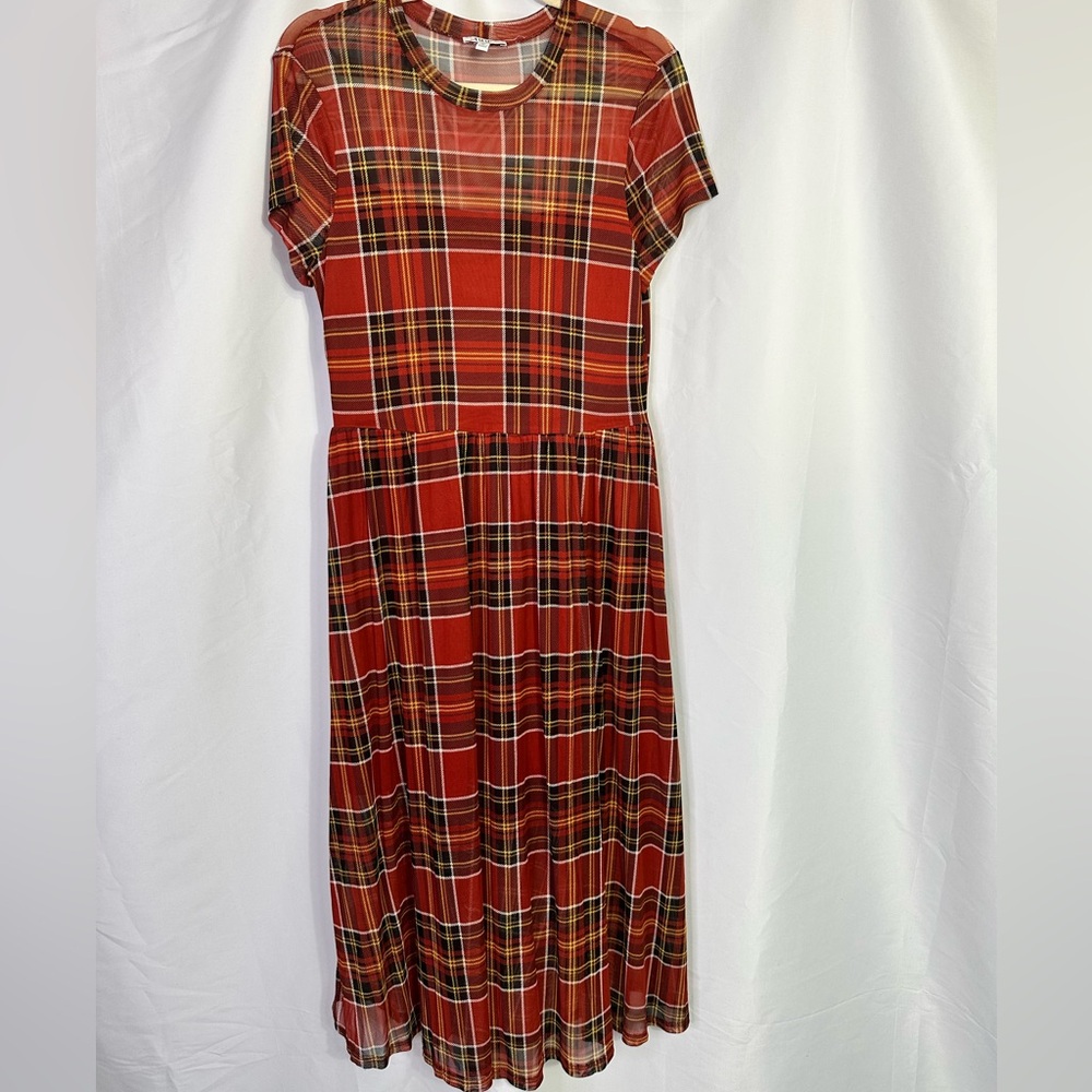 Red And Black Plaid Sheer Midi Dress Partial Lining Whimsy Goth Dark Academia